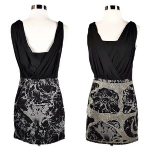 GREYLIN Going Out Cocktail Dress Black Silver Beaded Skirt Faux Wrap‎ Size M